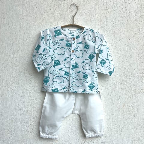 WHITEWATER KIDS UNISEX ORGANIC PATANG PRINT TEAL KURTA TOP + WHITE PANTS