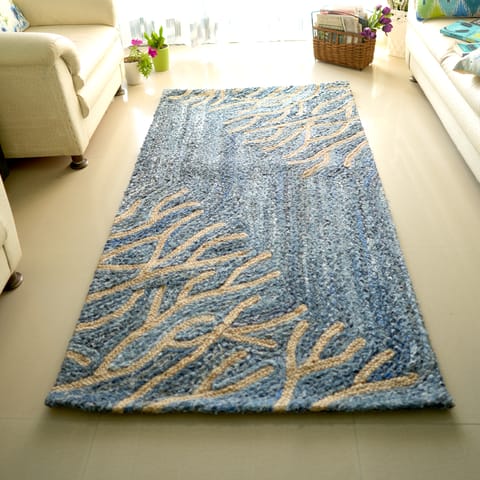 Second Innings - Denim & Jute Abstract Coral Reef Carpet