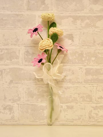 Happy Threads| Crocheted Button rose and Pink daisy bouquet ,Perfect décor item, ideal gifts for birthdays, anniversary, weddings and other occassions