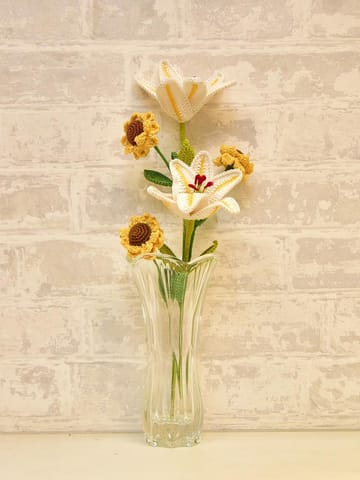 Happy Threads | Crocheted sunflower and white lilies bouquet, Decorative items for Office, Bedroom, Balcony, Living Room Decoration for Christmas, Newyear, Valentines