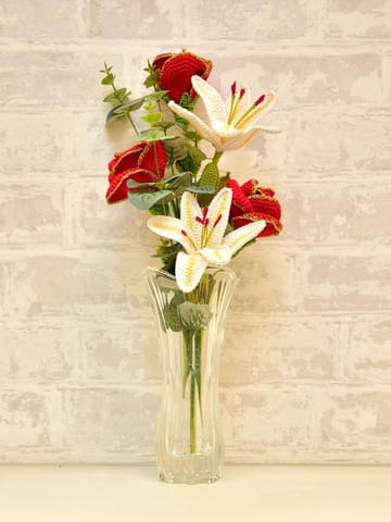 Happy Threads | Crocheted Red rose with golden lining and white lilies bouquet ,Beautiful decorative Items for home, offices and other spaces, Best gifting material