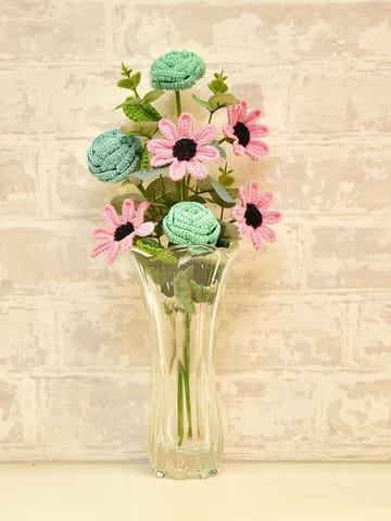 Happy Threads| Crocheted Button rose and pink daisies bouquet, Perfect décor item, ideal gifts for birthdays, anniversary, weddings and other occassions