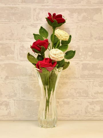 Happy Threads | Crocheted Cream and Red rose bouquet , Whimsical Bliss, best for all occassions, Ideal gifting items for family &friends