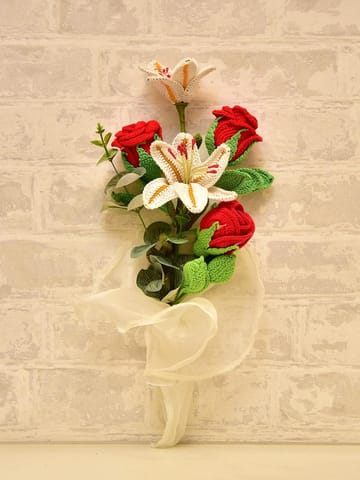Happy Threads| Crocheted Lily and Red rose bouquet , Best décorative items, Ideal gifts for women, family, friends on Valentines, Birthdays, Weddings and other Occassions