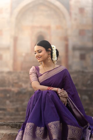 UTPALA Designs - Purple Benarasi Linen Silk Saree