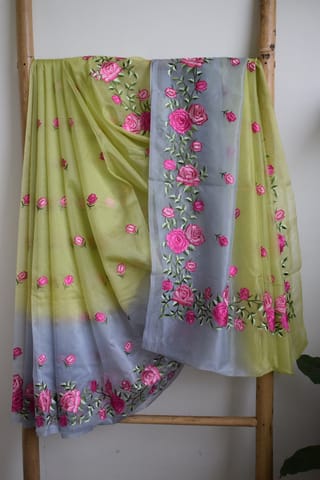 UTPALA Designs - Liril Green Semi Organza Embroidery Benarasi Saree