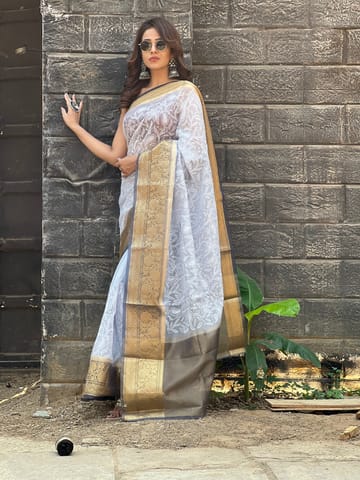 UTPALA Designs - Grey Semi Organza Chikankari Benarasi Saree