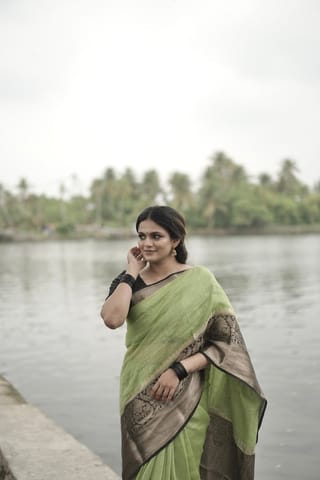 UTPALA Designs - Neon Green Benarasi Silk Linen Saree