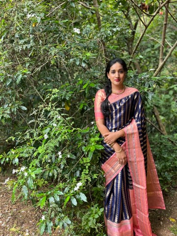 UTPALA Designs - Navy Blue Benarasi Katan Warm Silk Saree
