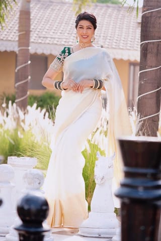 UTPALA Designs - Cream Benarasi Katan Warm Silk Saree