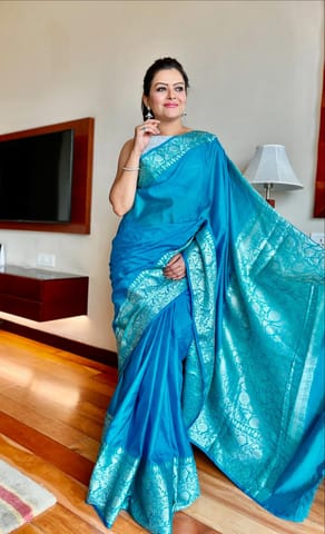 UTPALA Designs - Olympic Blue Benarasi Katan Warm Silk Saree