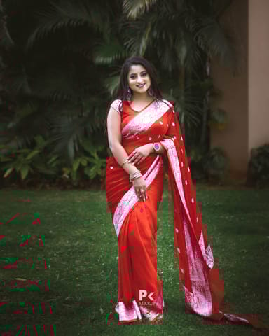 UTPALA Designs - Bright Red Kora Organza Buti Benarasi Saree