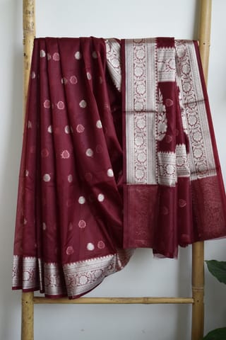 UTPALA Designs - Maroon Kora Organza Buti Benarasi Saree