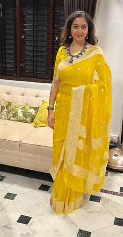 UTPALA Designs - Canary Yellow Kora Organza Buti Benarasi Saree