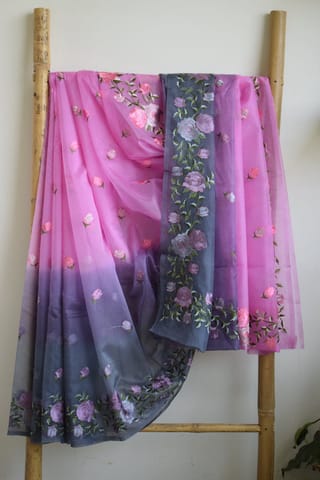 UTPALA Designs - Pink Semi Organza Embroidery Benarasi Saree