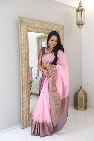 UTPALA Designs - Pink Benarasi Linen Silk Saree