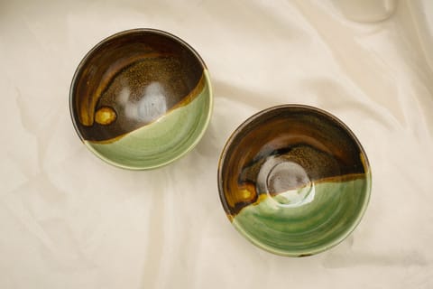 Earthan - Ceramic Green Brown Bowl- Set of 2