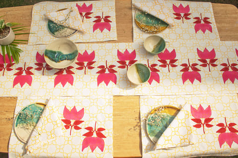 Earthan - Gulabi Bougainvillea - Hand block printed table linen set