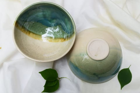 Earthan - Half & Half Green White Bowl- Set of 2