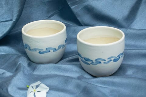 Earthan - White Blue Ceramic Tea Cups Set of 2