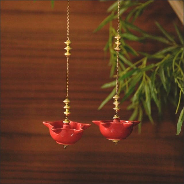 Courtyard-Mandir Hanging Red Diya (Set Of 2)